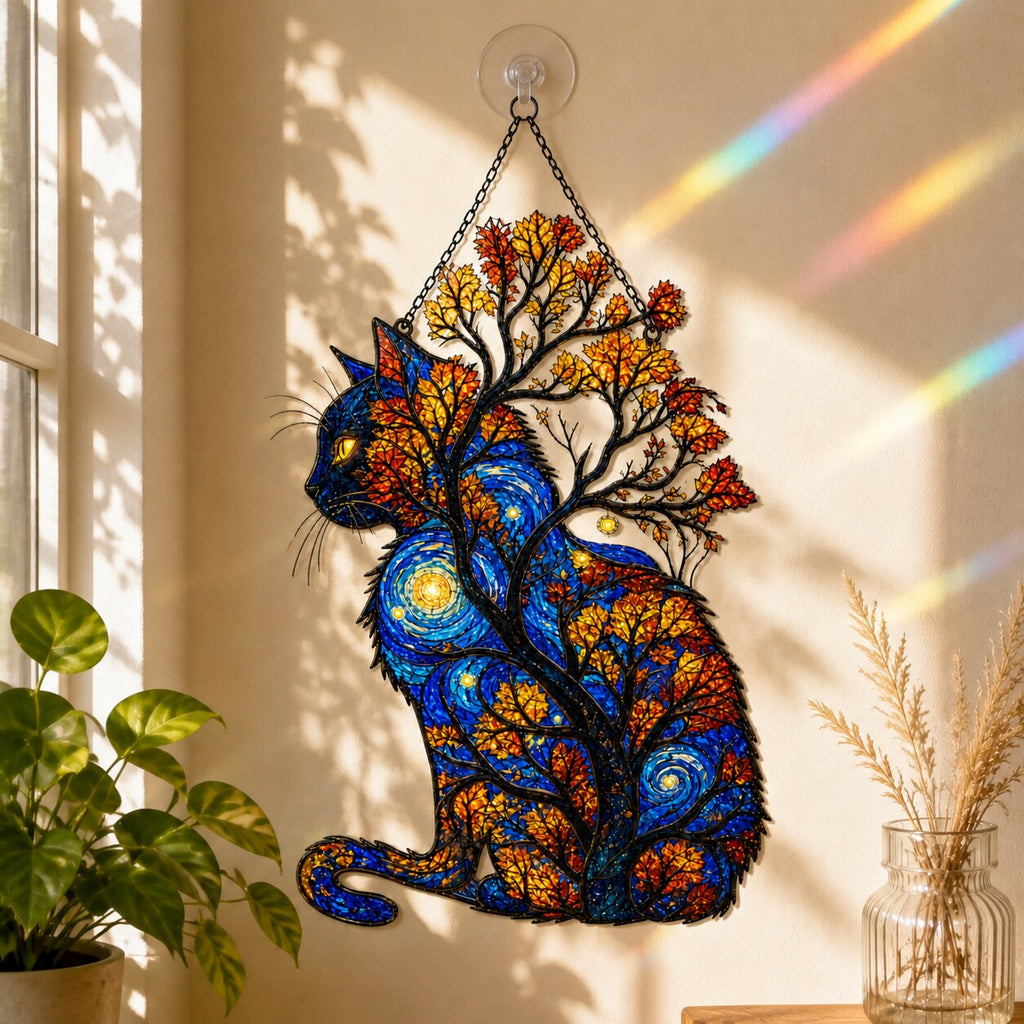 Starry Night Cat with Autumn Tree Holographic Acrylic Suncatcher