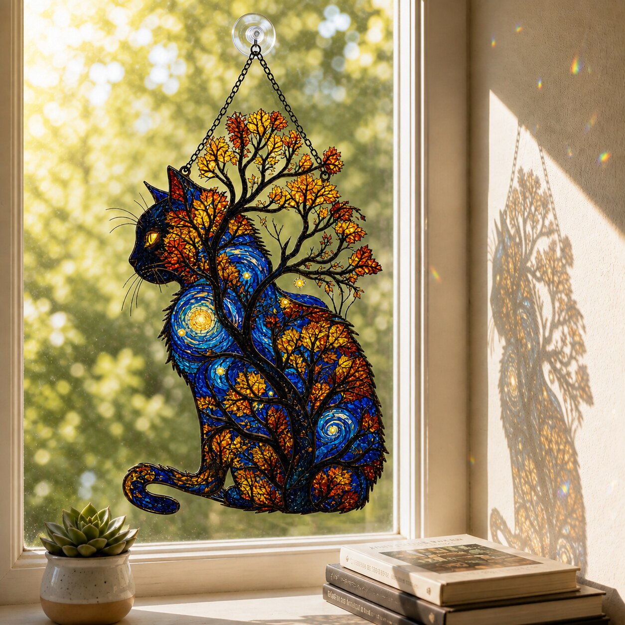 Starry Night Cat with Autumn Tree Holographic Acrylic Suncatcher