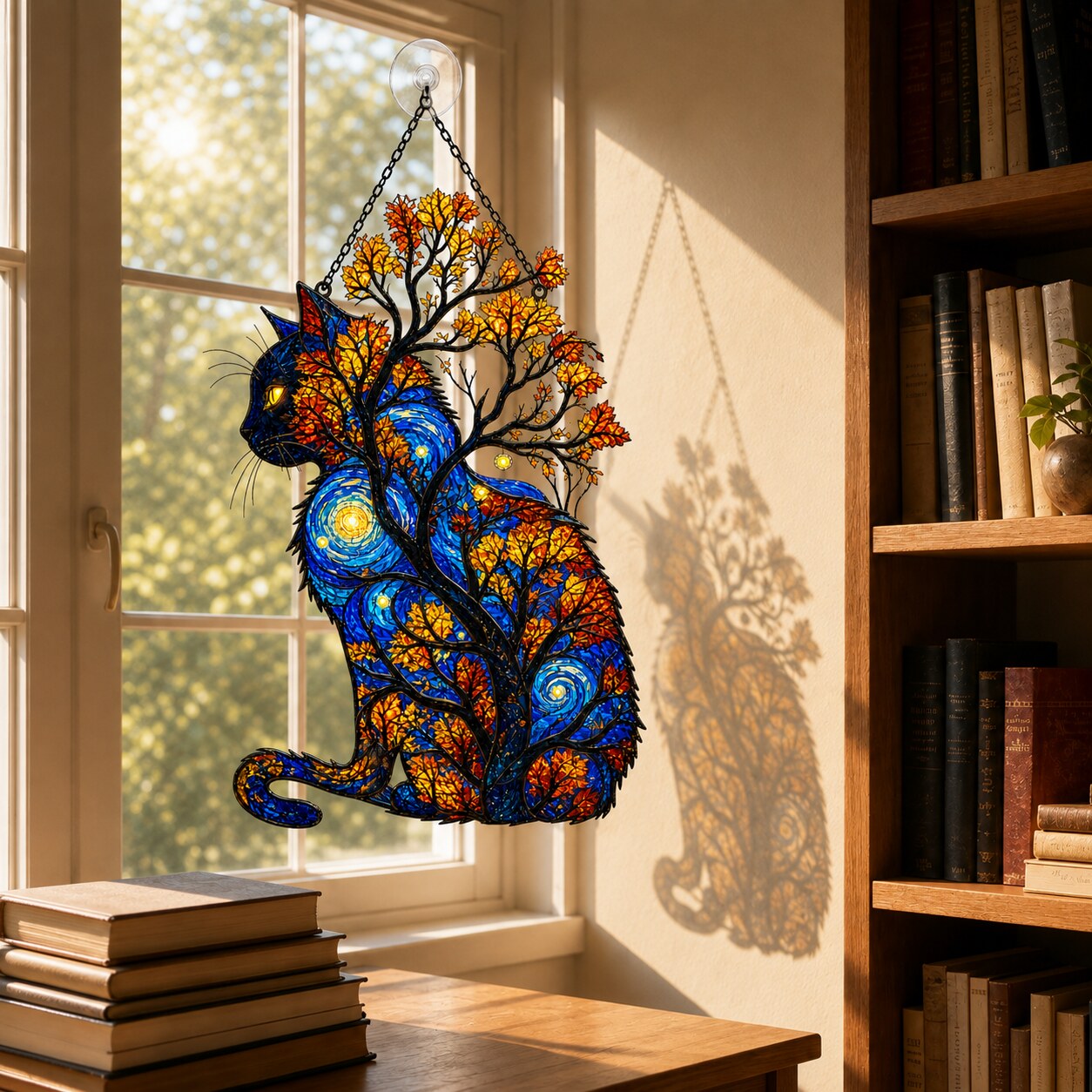 Starry Night Cat with Autumn Tree Holographic Acrylic Suncatcher