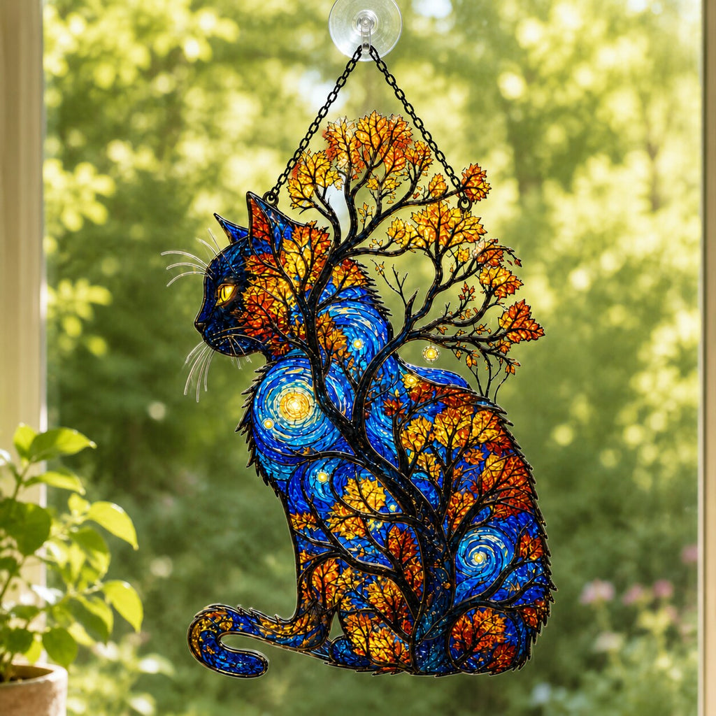 Starry Night Cat with Autumn Tree Holographic Acrylic Suncatcher