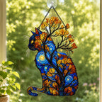 Starry Night Cat with Autumn Tree Holographic Acrylic Suncatcher