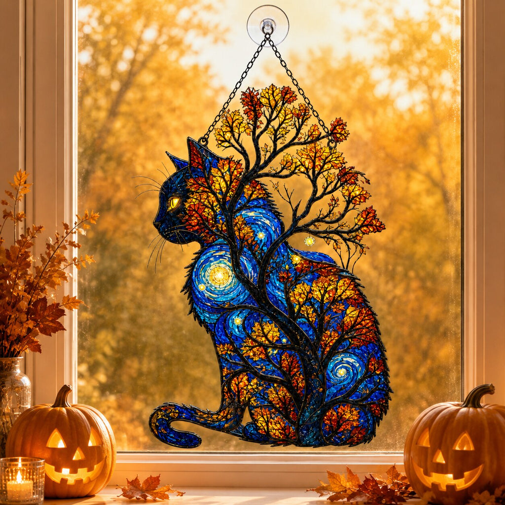 Starry Night Cat with Autumn Tree Holographic Acrylic Suncatcher