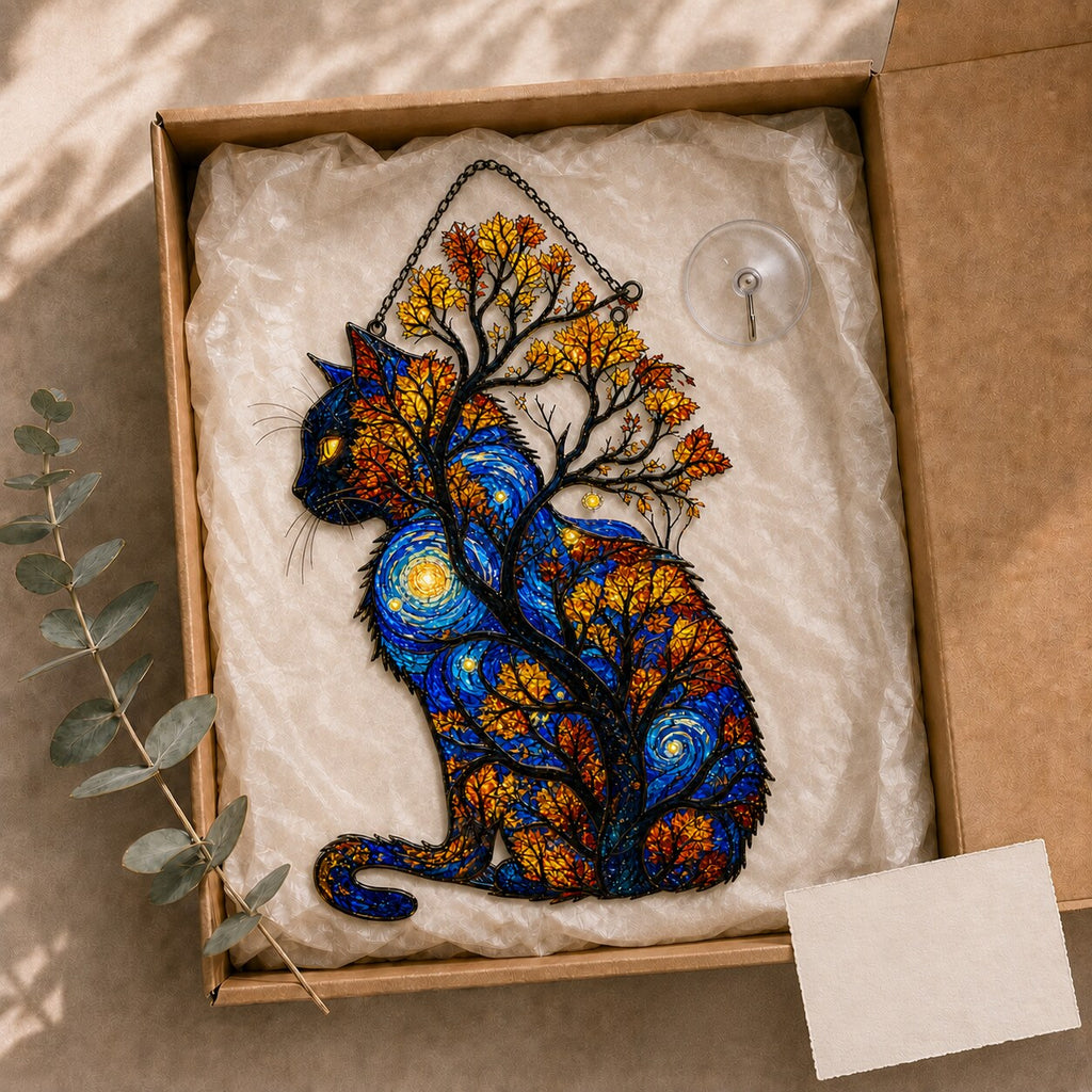 Starry Night Cat with Autumn Tree Holographic Acrylic Suncatcher