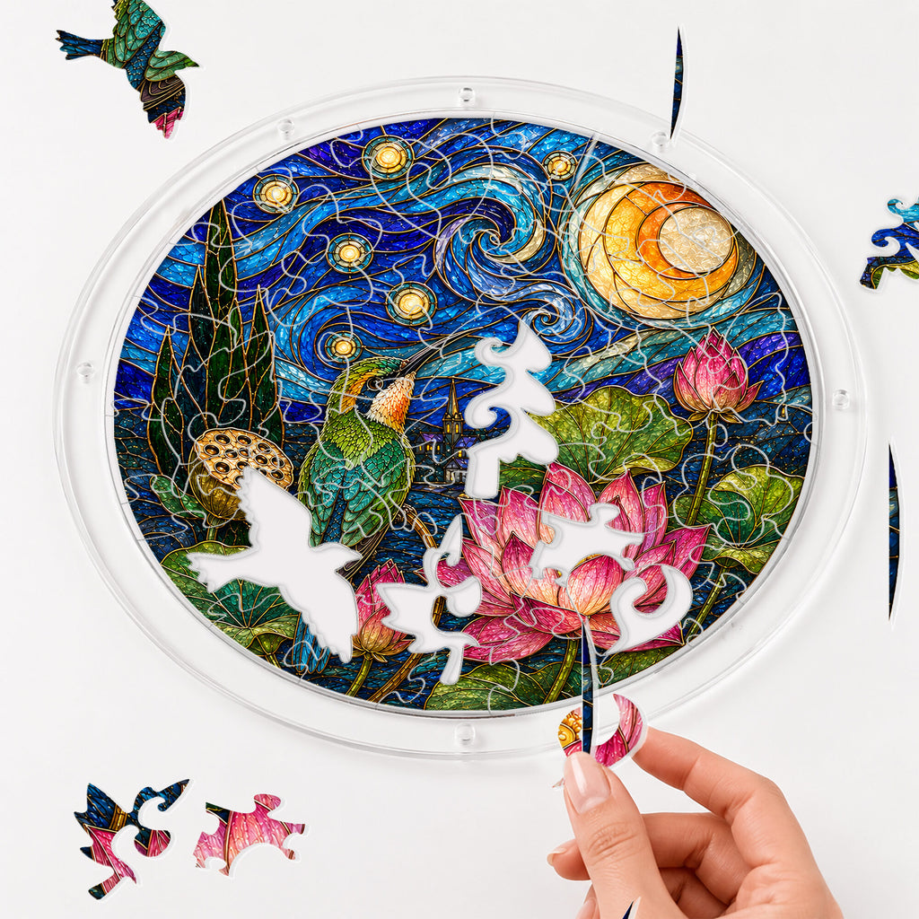 Starry night lotus acrylic puzzle suncatcher, calming DIY stained-glass-style window decor