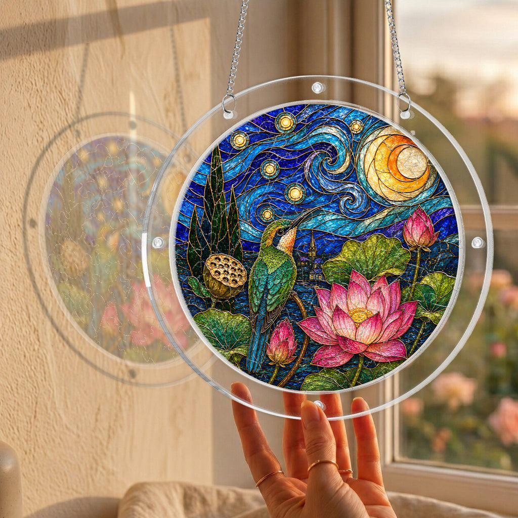 Starry night lotus acrylic puzzle suncatcher, calming DIY stained-glass-style window decor