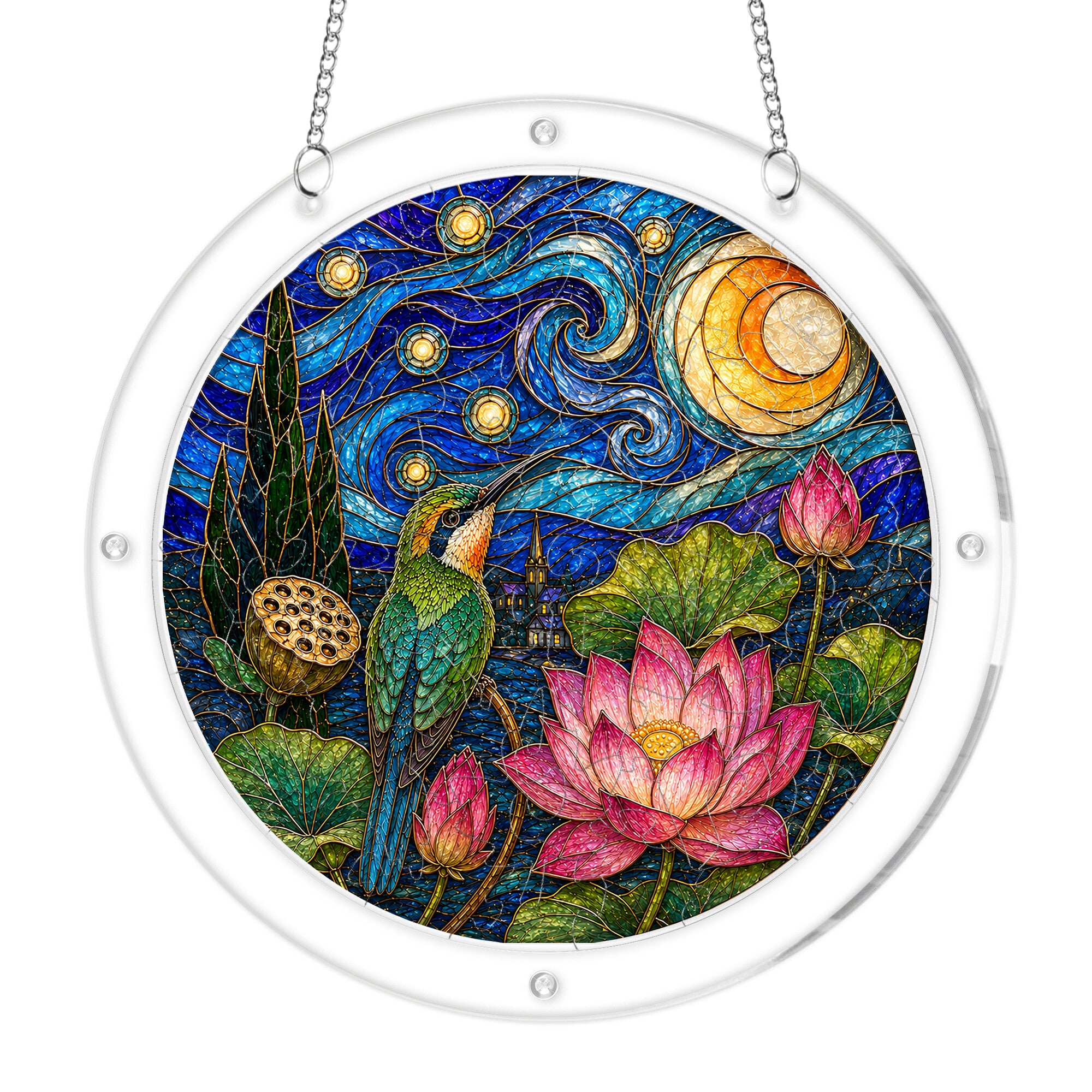 Starry night lotus acrylic puzzle suncatcher, calming DIY stained-glass-style window decor