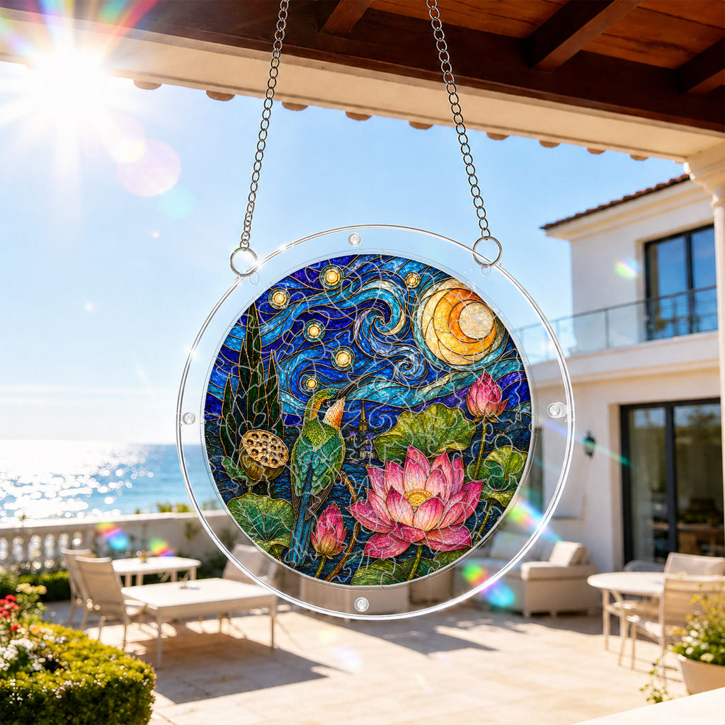 Starry night lotus acrylic puzzle suncatcher, calming DIY stained-glass-style window decor