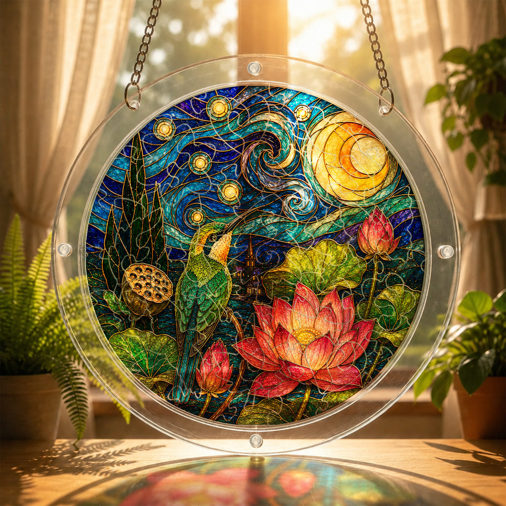 Starry night lotus acrylic puzzle suncatcher, calming DIY stained-glass-style window decor