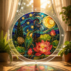 Starry night lotus acrylic puzzle suncatcher, calming DIY stained-glass-style window decor