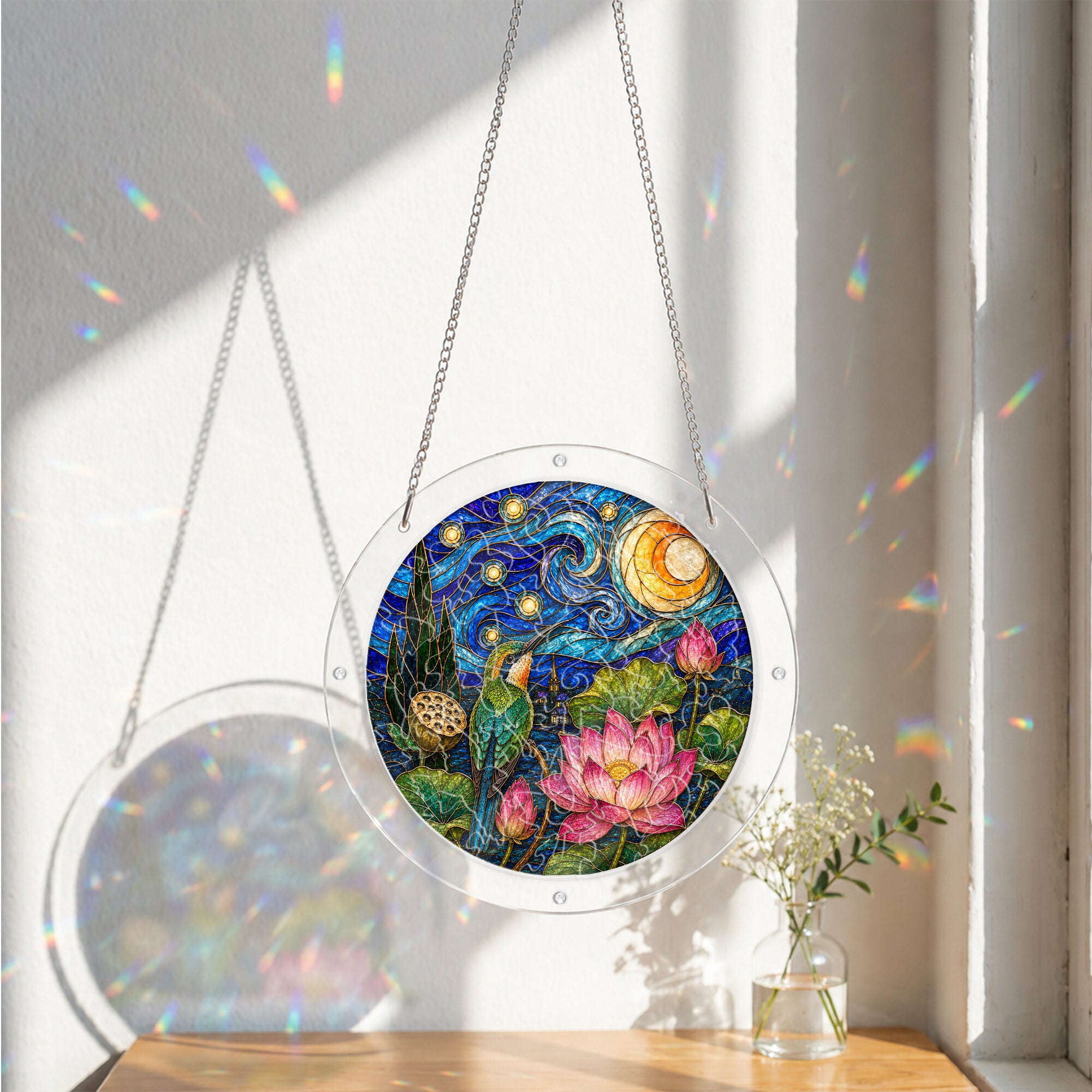 Starry night lotus acrylic puzzle suncatcher, calming DIY stained-glass-style window decor