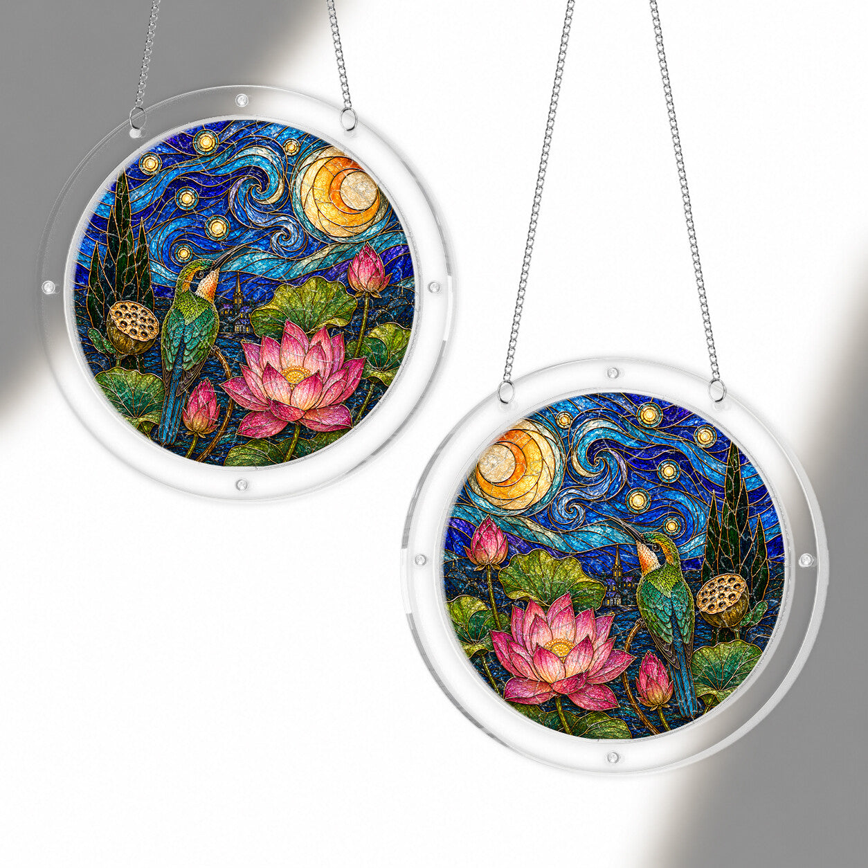 Starry night lotus acrylic puzzle suncatcher, calming DIY stained-glass-style window decor