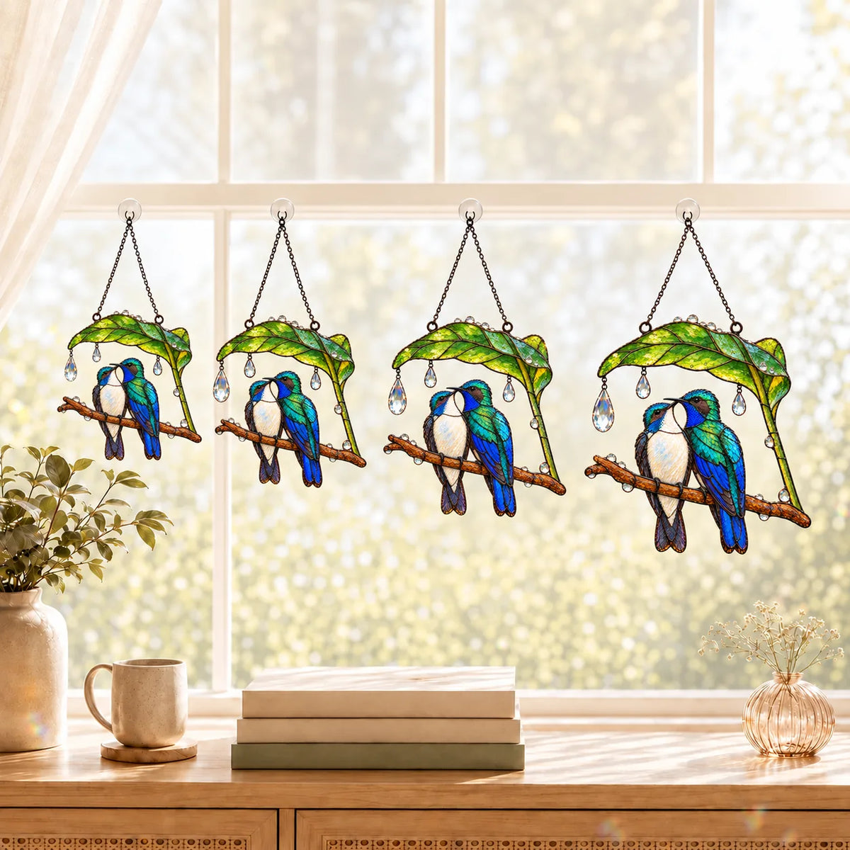 Wait Out the Rain Hummingbird Couple Suncatcher