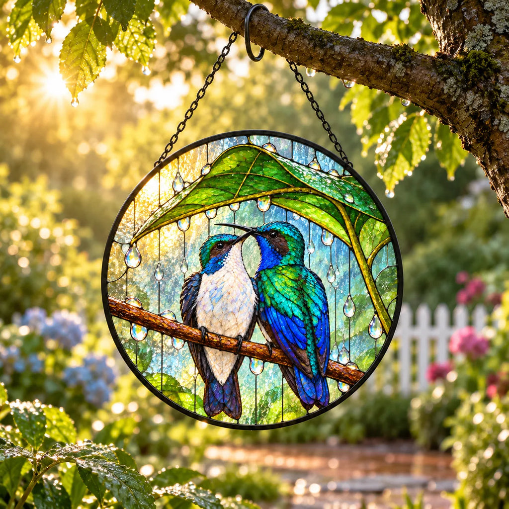 Wait Out the Rain Hummingbird Couple Stained Glass Suncatcher