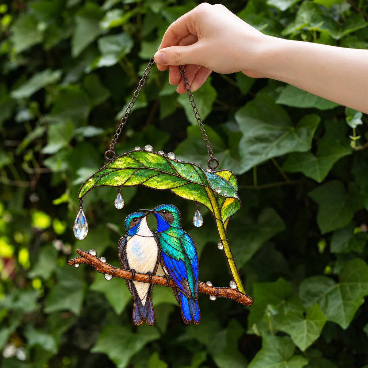Wait Out the Rain Hummingbird Couple Suncatcher