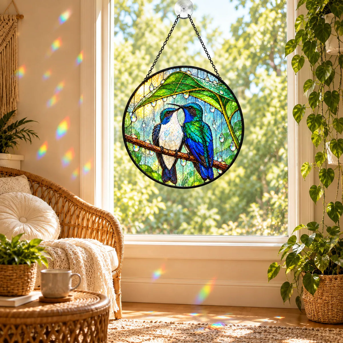 Wait Out the Rain Hummingbird Couple Stained Glass Suncatcher