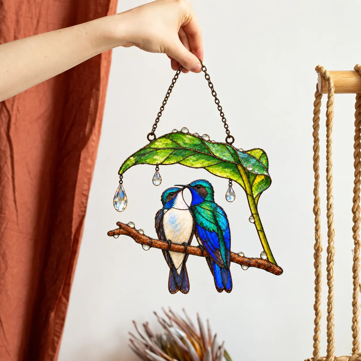 Wait Out the Rain Hummingbird Couple Suncatcher