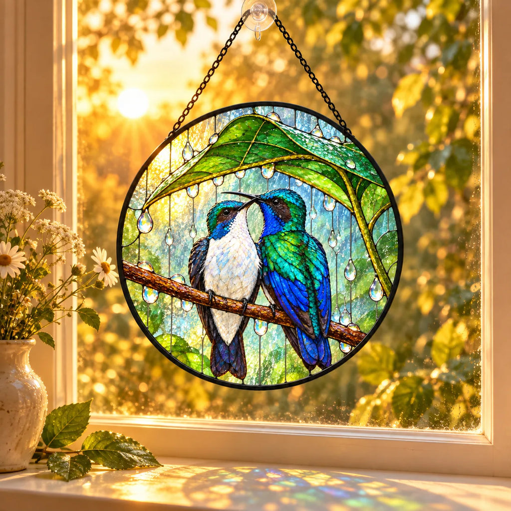 Wait Out the Rain Hummingbird Couple Stained Glass Suncatcher