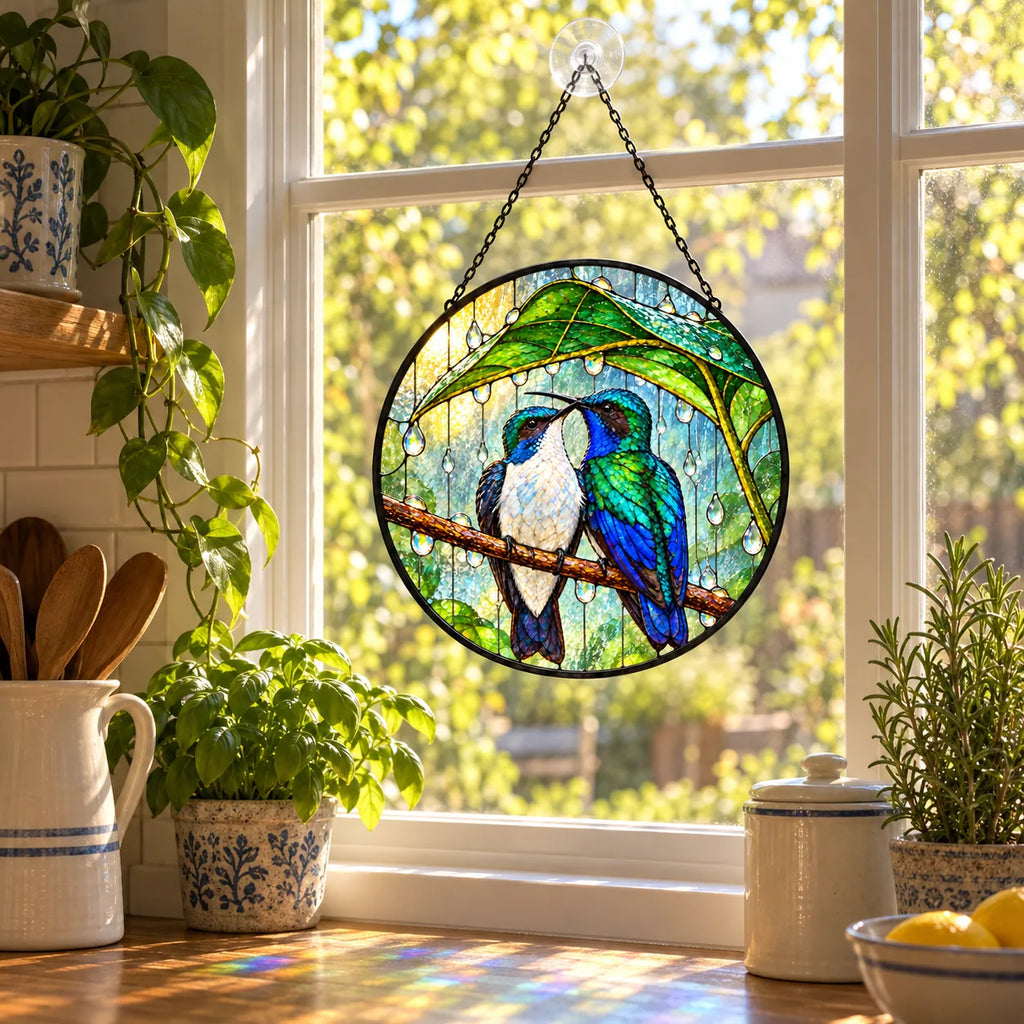 Wait Out the Rain Hummingbird Couple Stained Glass Suncatcher