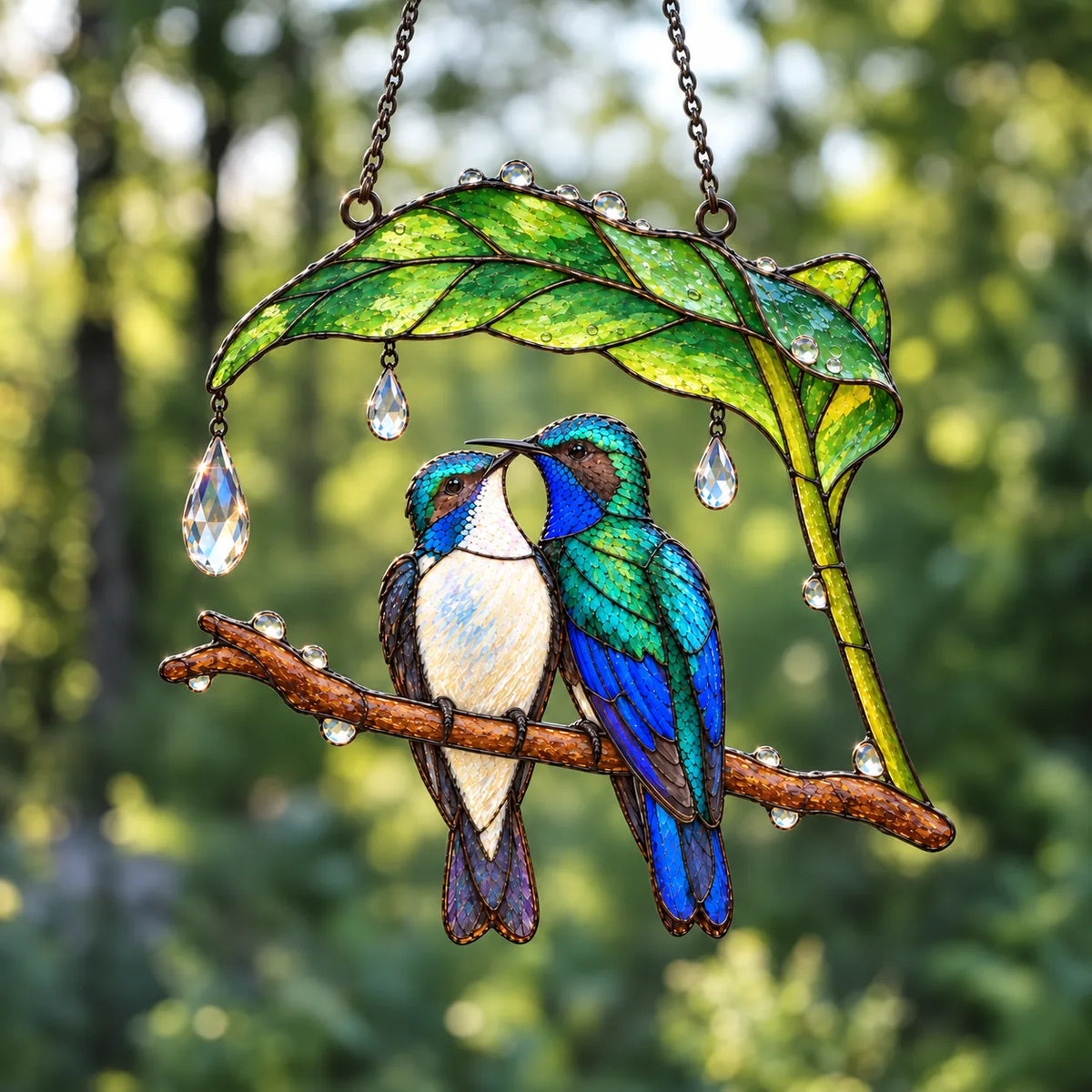 Wait Out the Rain Hummingbird Couple Suncatcher