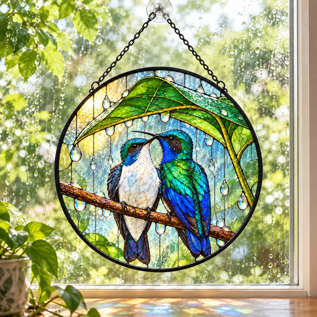 Wait Out the Rain Hummingbird Couple Stained Glass Suncatcher