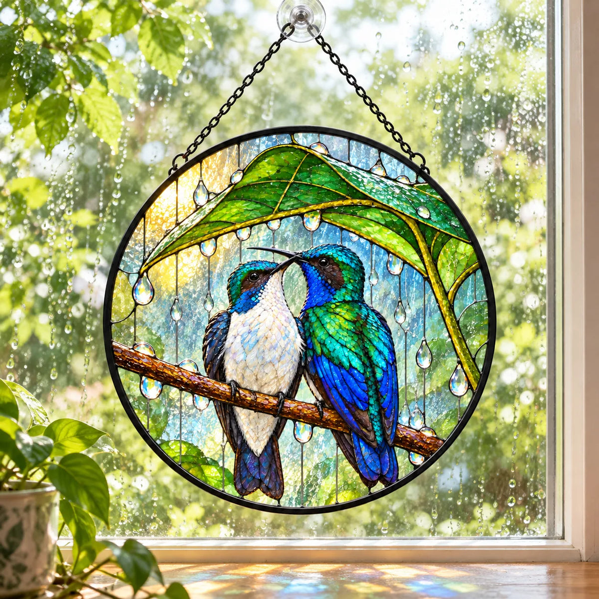 Wait Out the Rain Hummingbird Couple Stained Glass Suncatcher