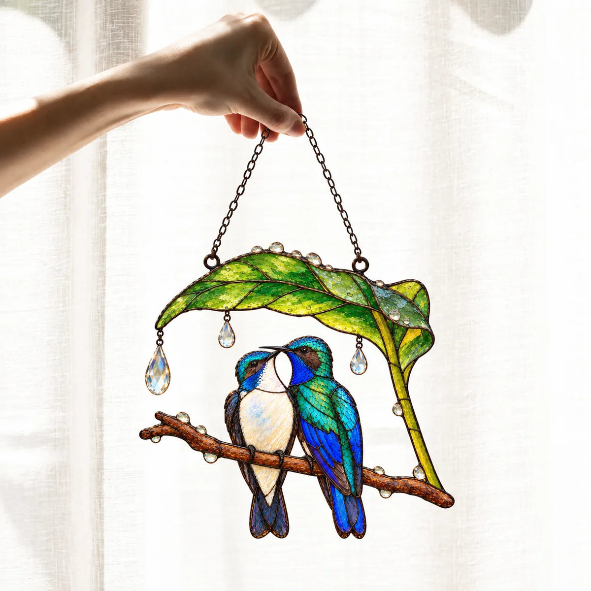 Wait Out the Rain Hummingbird Couple Suncatcher