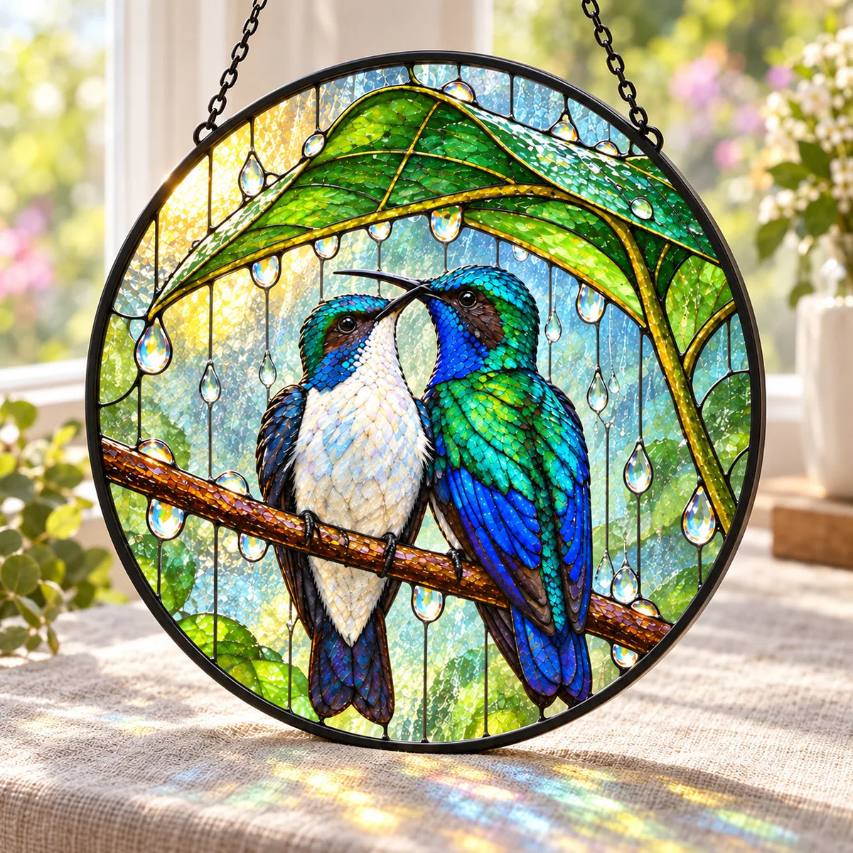 Wait Out the Rain Hummingbird Couple Stained Glass Suncatcher