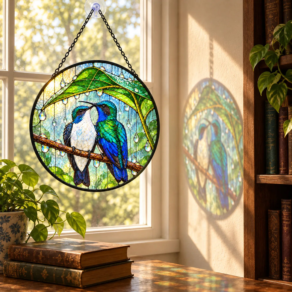 Wait Out the Rain Hummingbird Couple Stained Glass Suncatcher