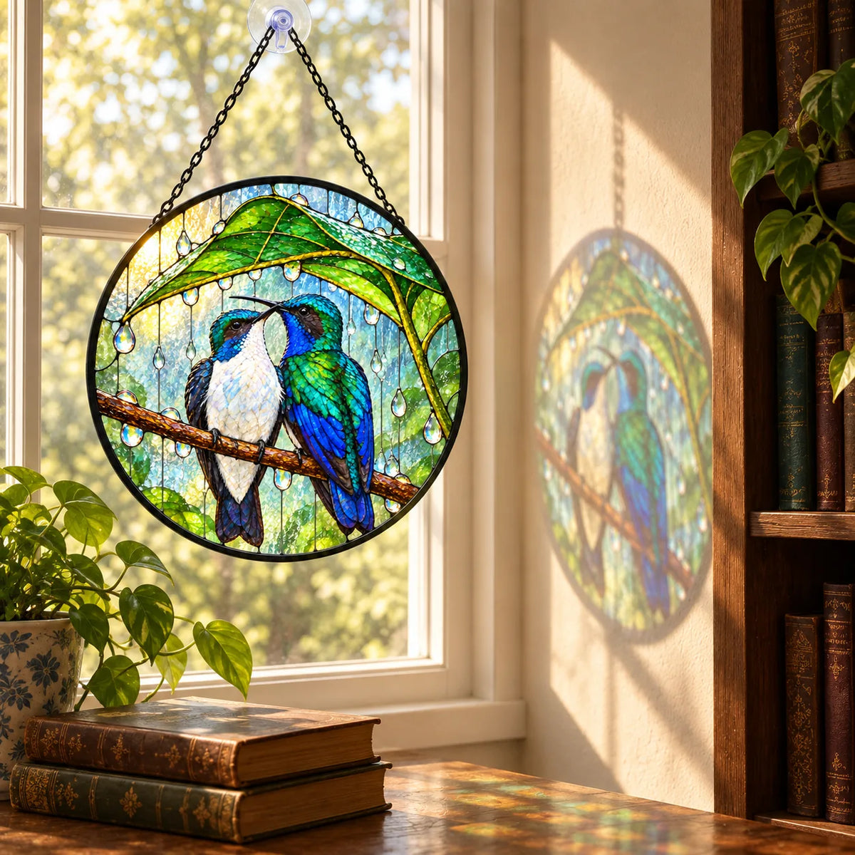 Wait Out the Rain Hummingbird Couple Stained Glass Suncatcher