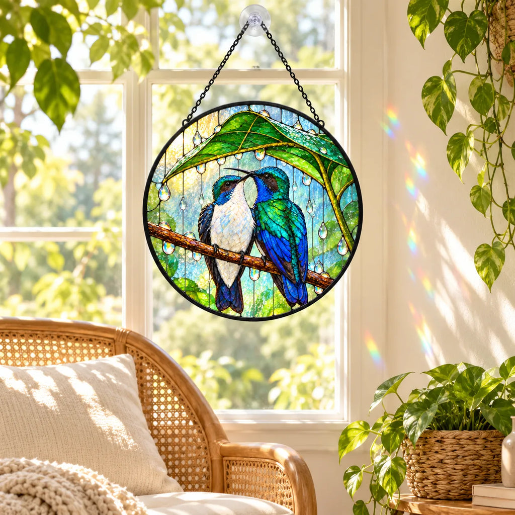 Wait Out the Rain Hummingbird Couple Stained Glass Suncatcher