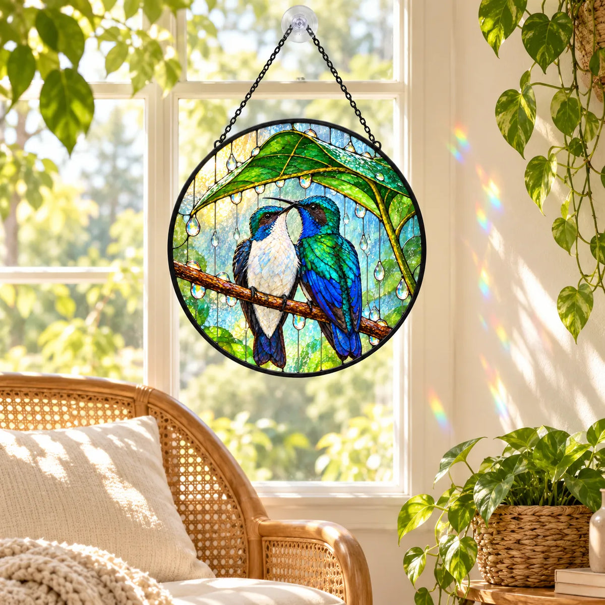 Wait Out the Rain Hummingbird Couple Stained Glass Suncatcher