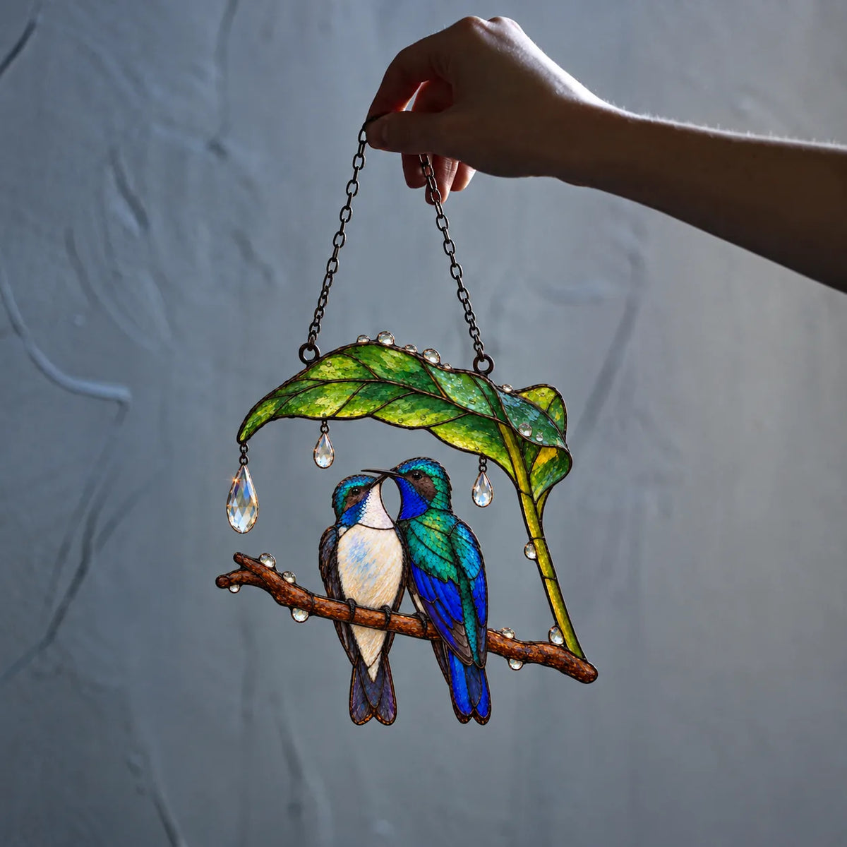 Wait Out the Rain Hummingbird Couple Suncatcher