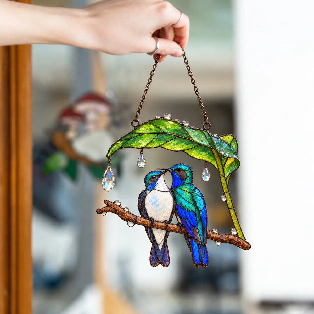 Wait Out the Rain Hummingbird Couple Suncatcher