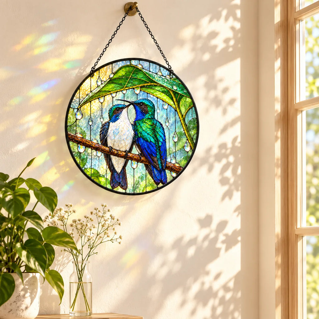 Wait Out the Rain Hummingbird Couple Stained Glass Suncatcher