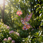 Stained glass style suncatcher with a hummingbird under a pink bell flower on a vine, hanging in a sunlit window with rainbow light