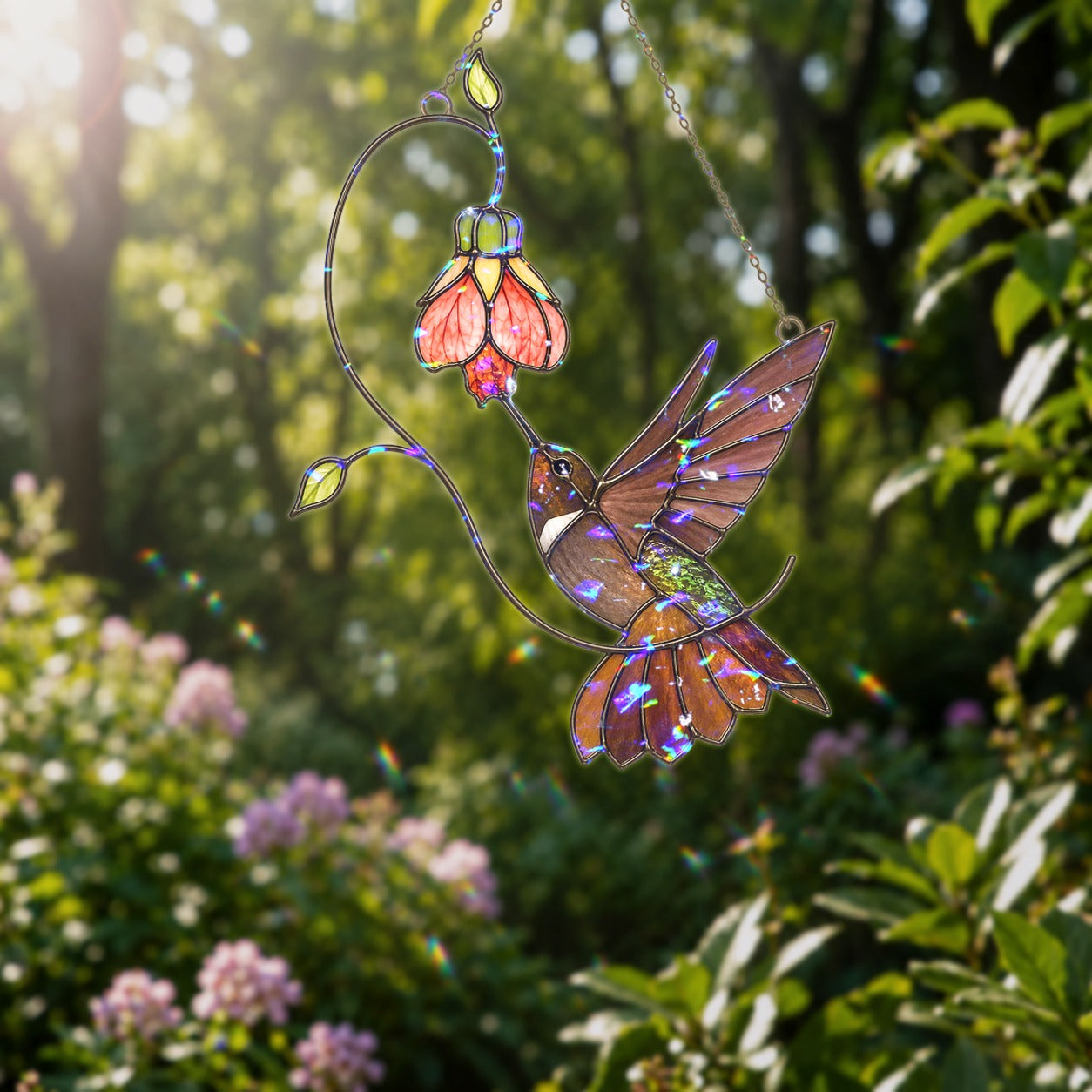 Stained glass style suncatcher with a hummingbird under a pink bell flower on a vine, hanging in a sunlit window with rainbow light