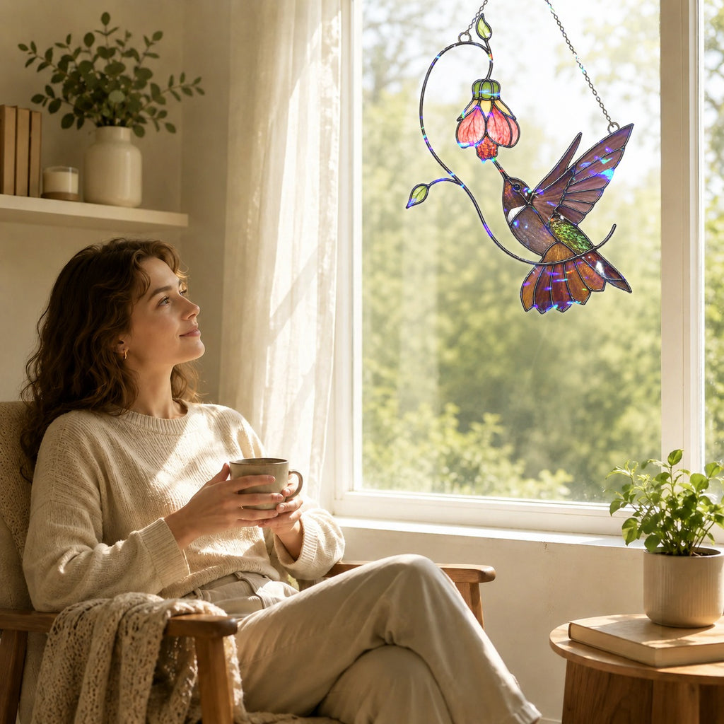 Hummingbird & Pink Bell Flower Vine Holographic Acrylic Suncatcher