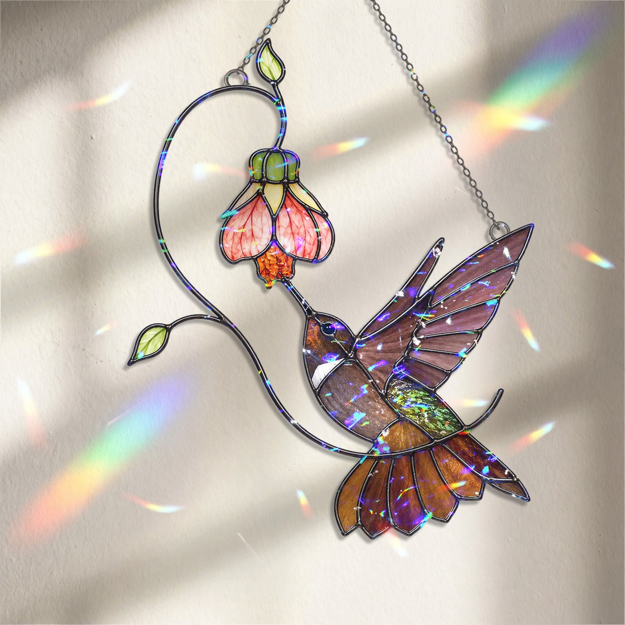 Hummingbird & Pink Bell Flower Vine Holographic Acrylic Suncatcher