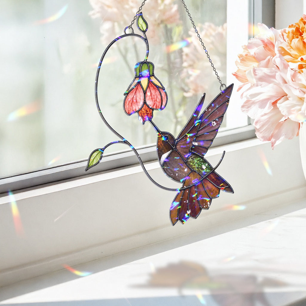 Hummingbird & Pink Bell Flower Vine Holographic Acrylic Suncatcher