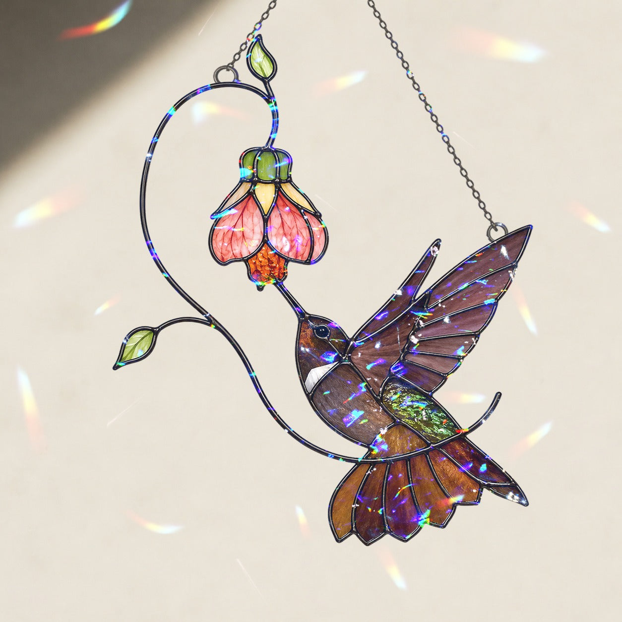 Hummingbird & Pink Bell Flower Vine Holographic Acrylic Suncatcher
