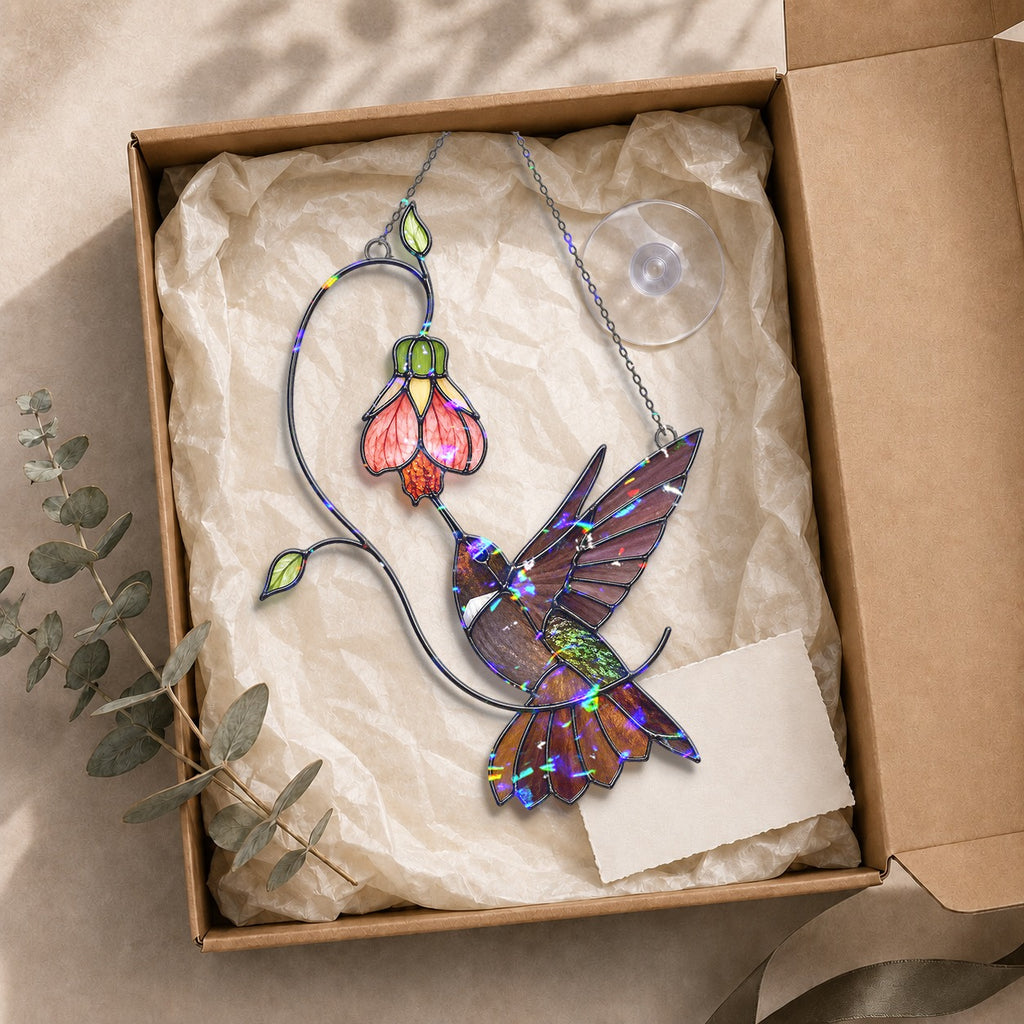 Hummingbird & Pink Bell Flower Vine Holographic Acrylic Suncatcher
