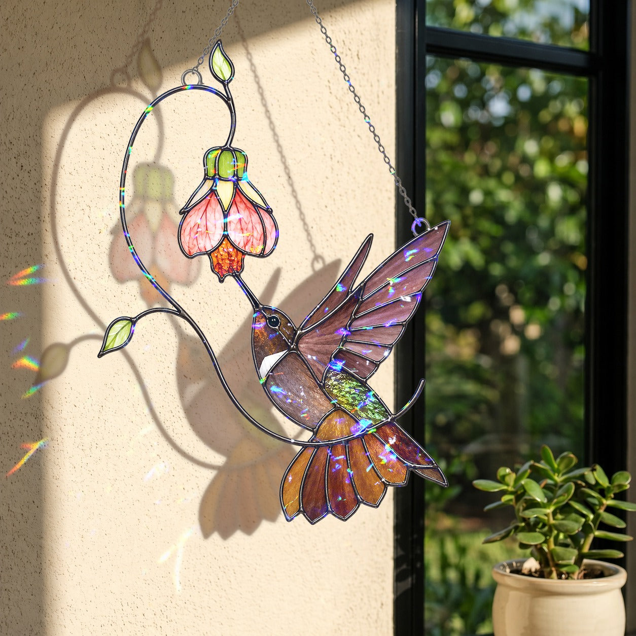 Hummingbird & Pink Bell Flower Vine Holographic Acrylic Suncatcher