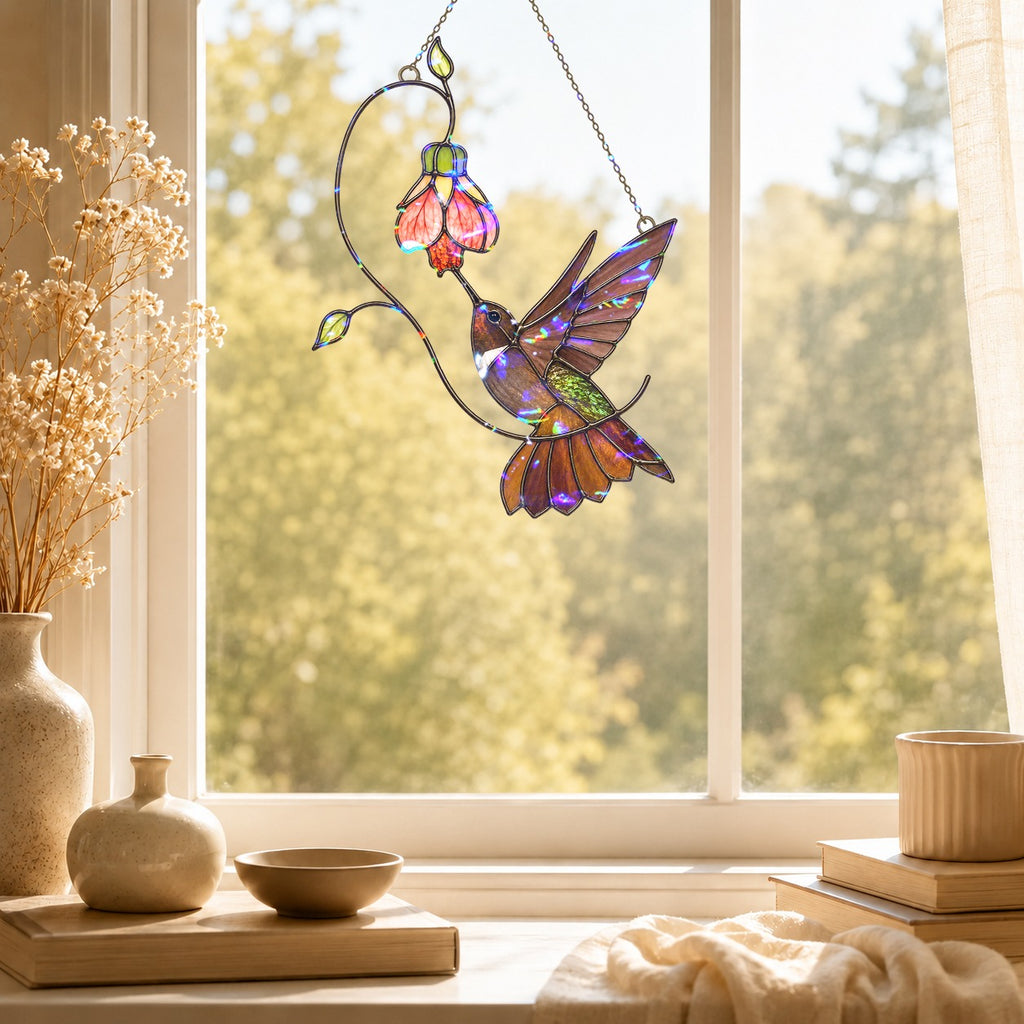 Hummingbird & Pink Bell Flower Vine Holographic Acrylic Suncatcher