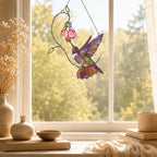 Hummingbird & Pink Bell Flower Vine Holographic Acrylic Suncatcher