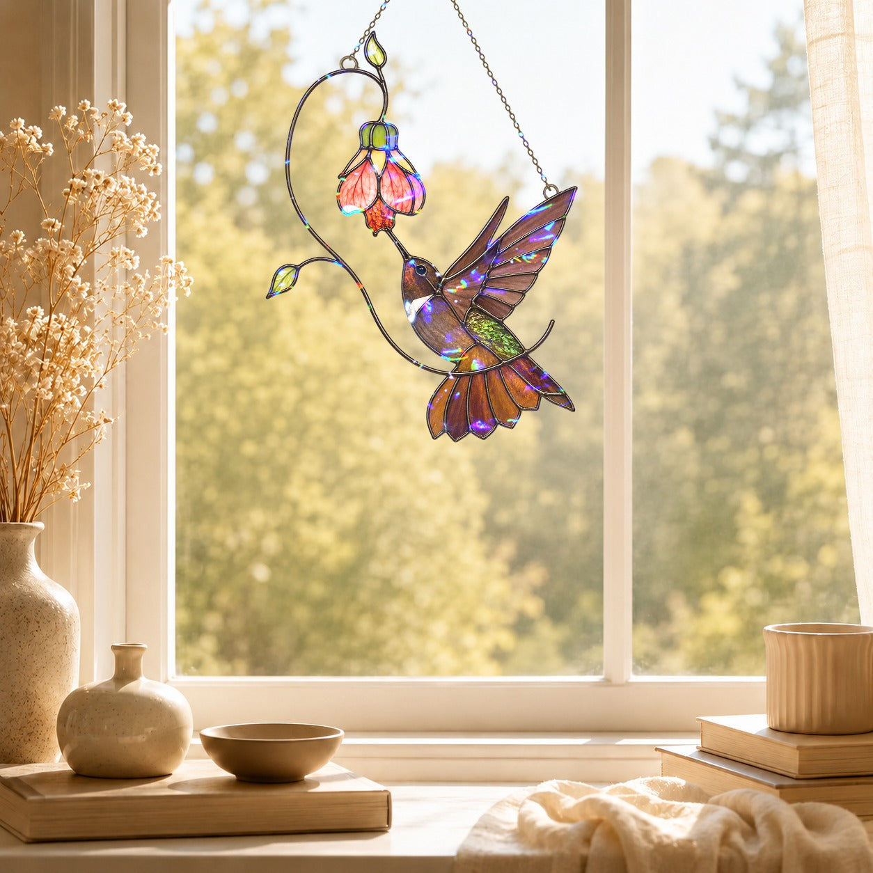 Hummingbird & Pink Bell Flower Vine Holographic Acrylic Suncatcher