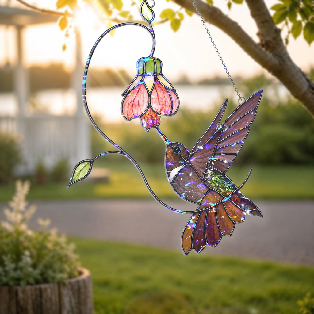 Hummingbird & Pink Bell Flower Vine Holographic Acrylic Suncatcher