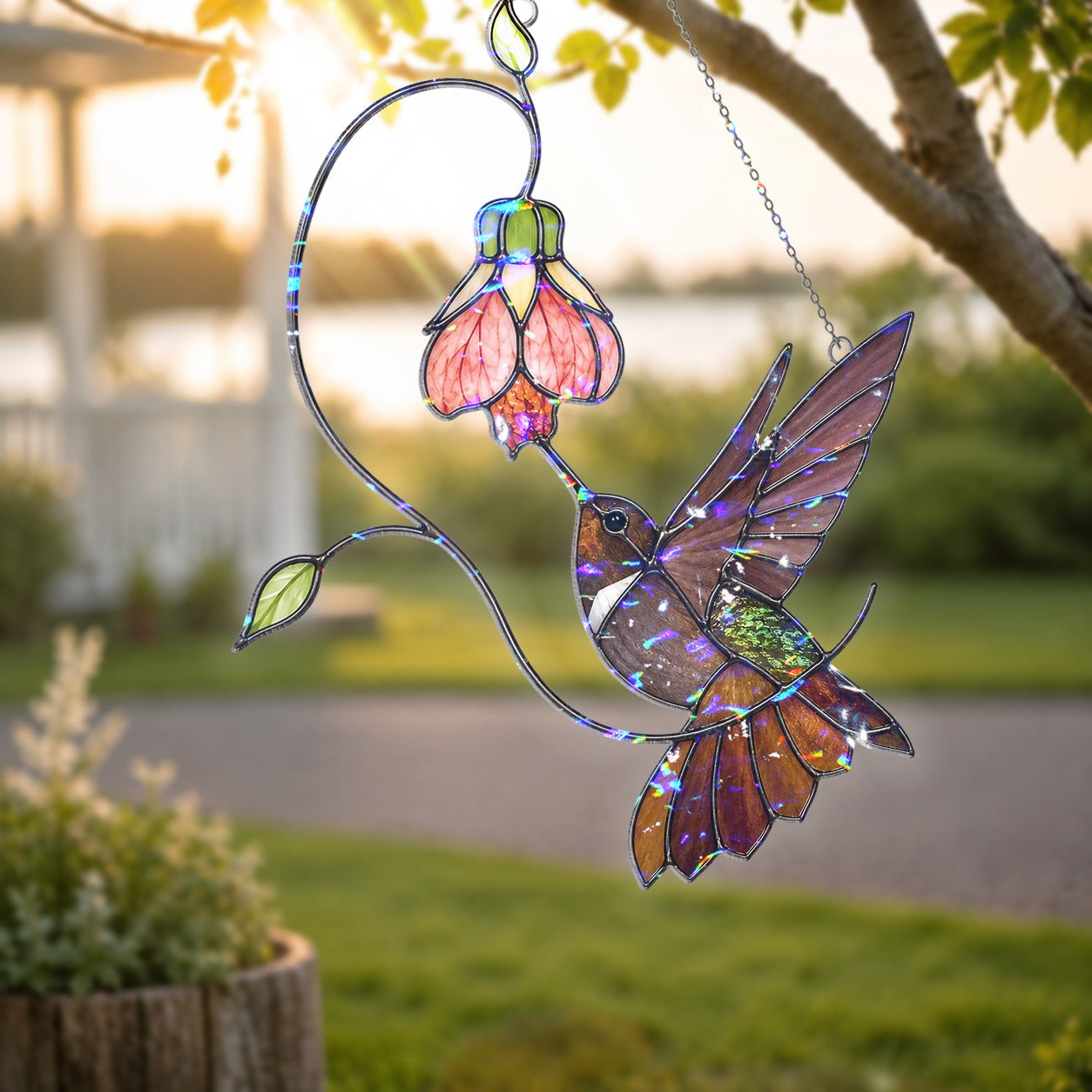Hummingbird & Pink Bell Flower Vine Holographic Acrylic Suncatcher