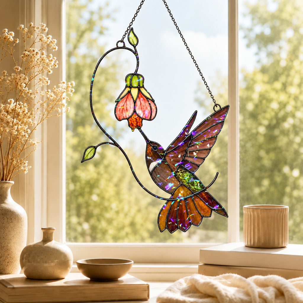 Hummingbird & Pink Bell Flower Vine Holographic Acrylic Suncatcher