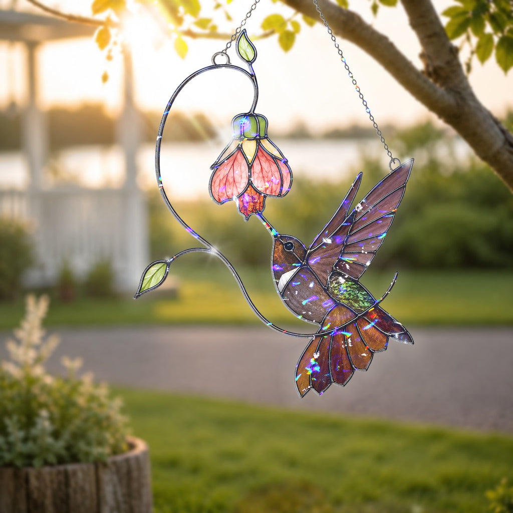 Hummingbird & Pink Bell Flower Vine Holographic Acrylic Suncatcher