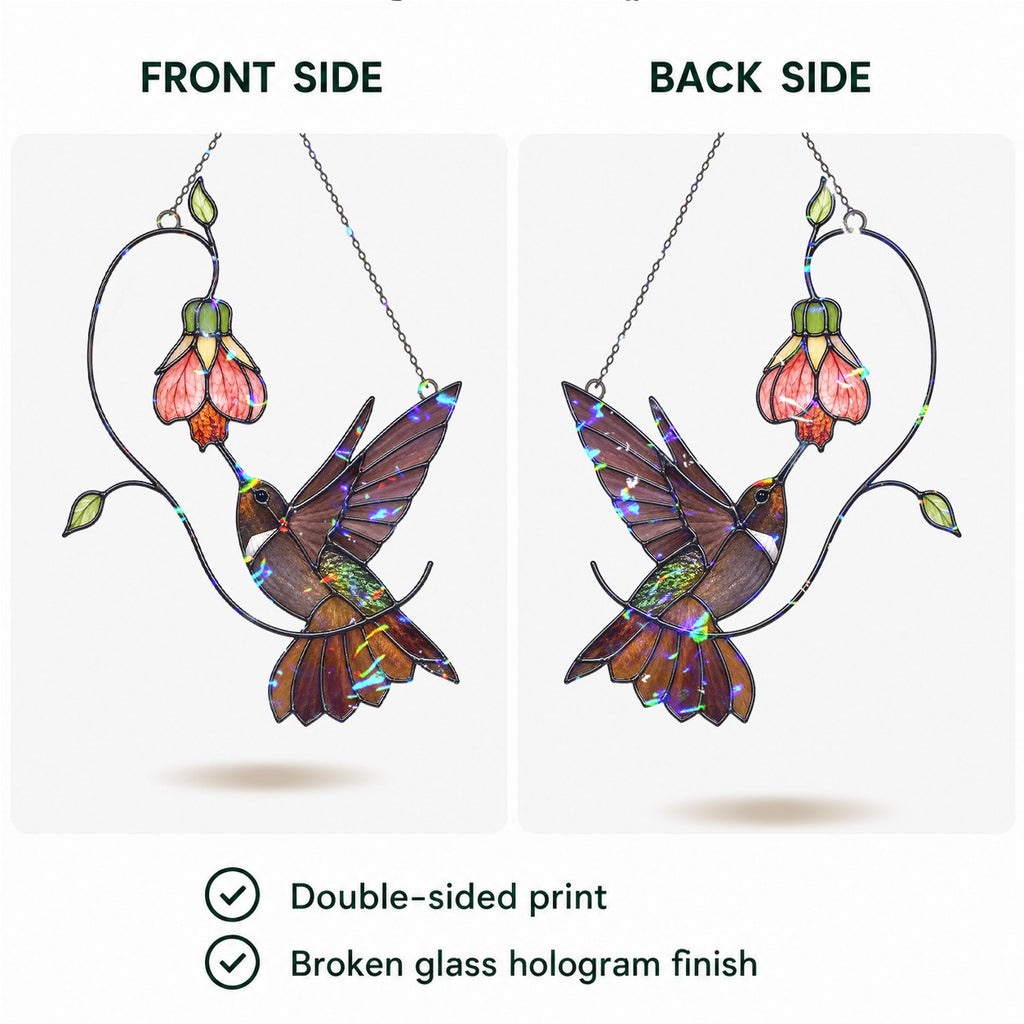 Hummingbird & Pink Bell Flower Vine Holographic Acrylic Suncatcher